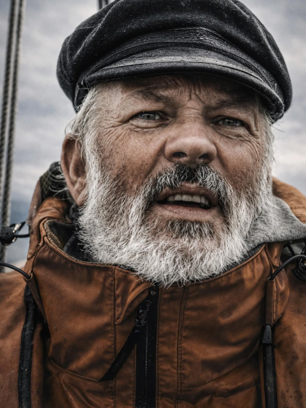 Weathered close portrait of Billy O'Riordan, the photographer's father, at sea — every line of a life spent on the water lit in profile.