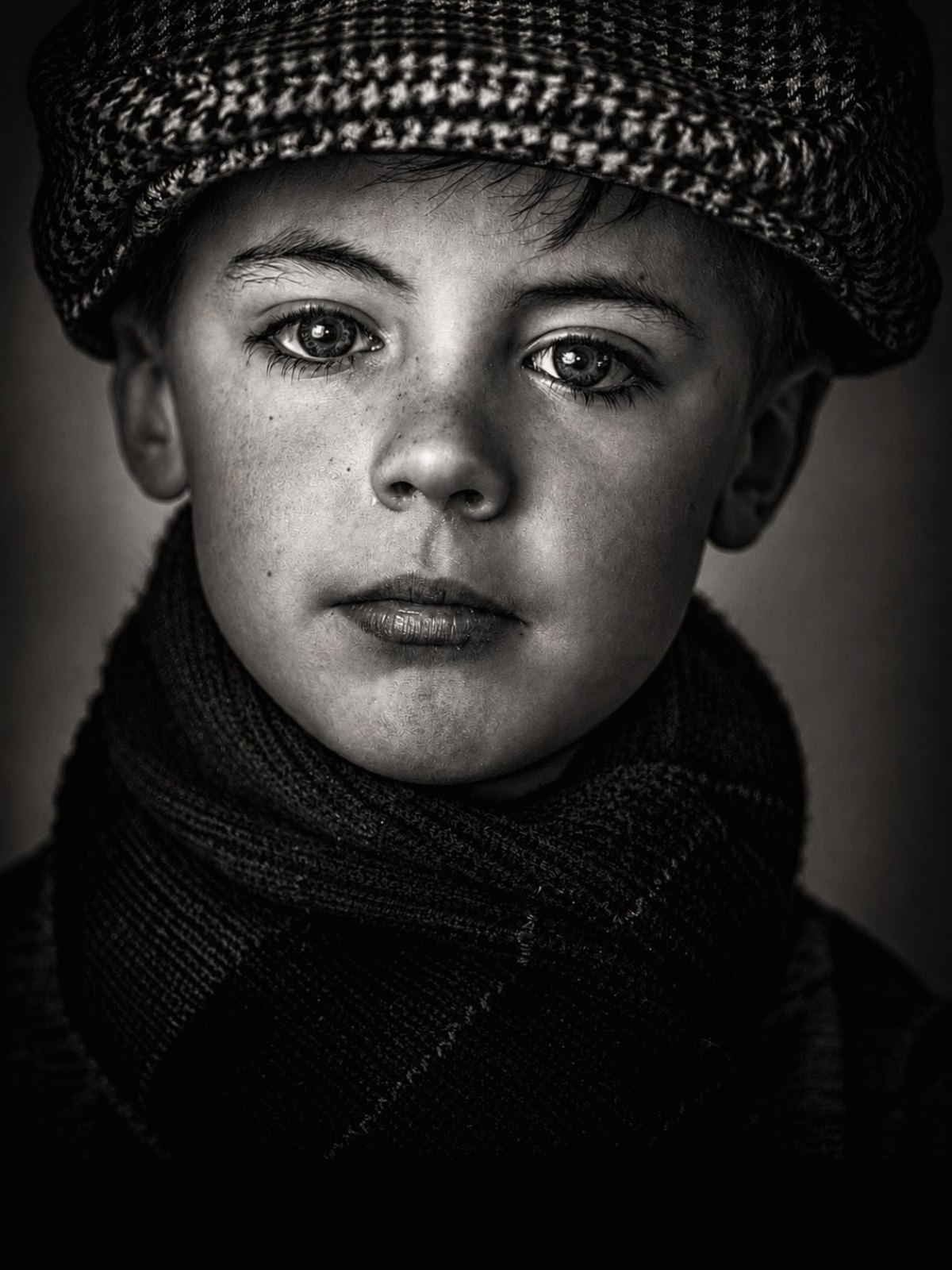 Black and white portrait of a young boy in a flat cap, a face that could belong to another century.