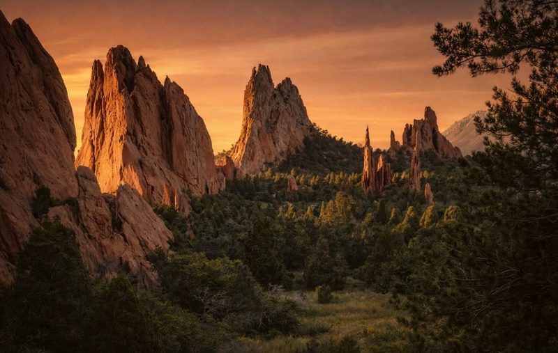 Red rock fins of Garden of the Gods at sunrise, first light catching the stone before it reaches the valley floor.