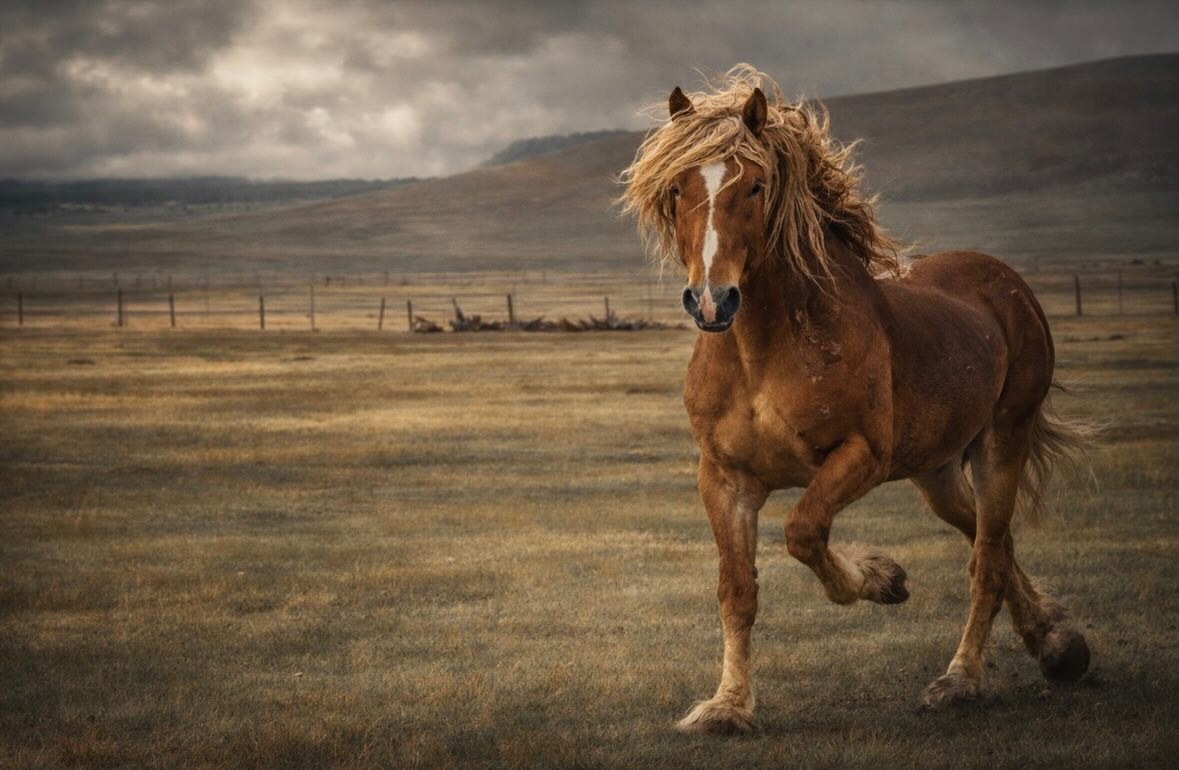 A horse moving across open high-country land at Hartsel, Colorado, where the plain opens wide and time slows down.