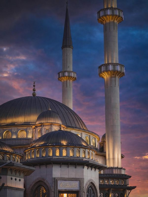 A mosque in Istanbul at dusk, minarets against the last light over the city.