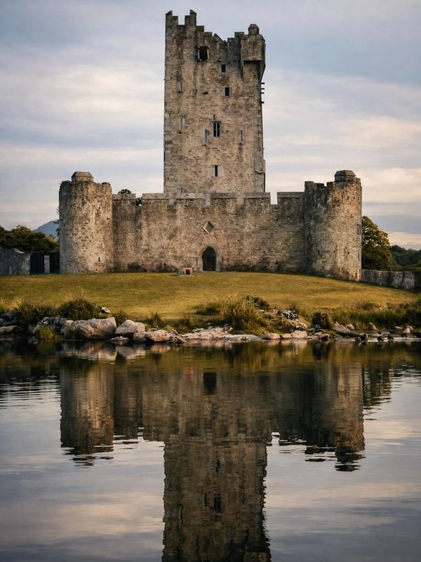 Ross Castle rising from the Kerry landscape, reflected in still water — solid, grey and unyielding.