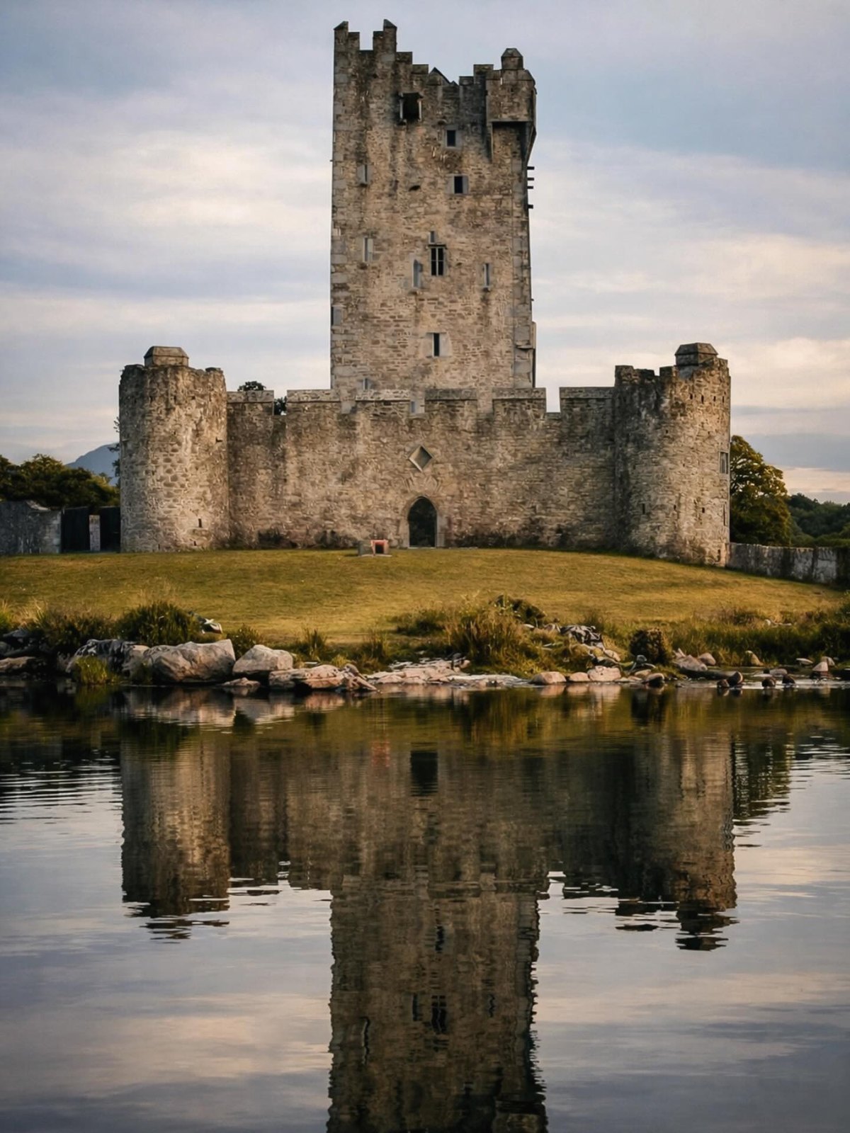 Ross Castle rising from the Kerry landscape, reflected in still water — solid, grey and unyielding.