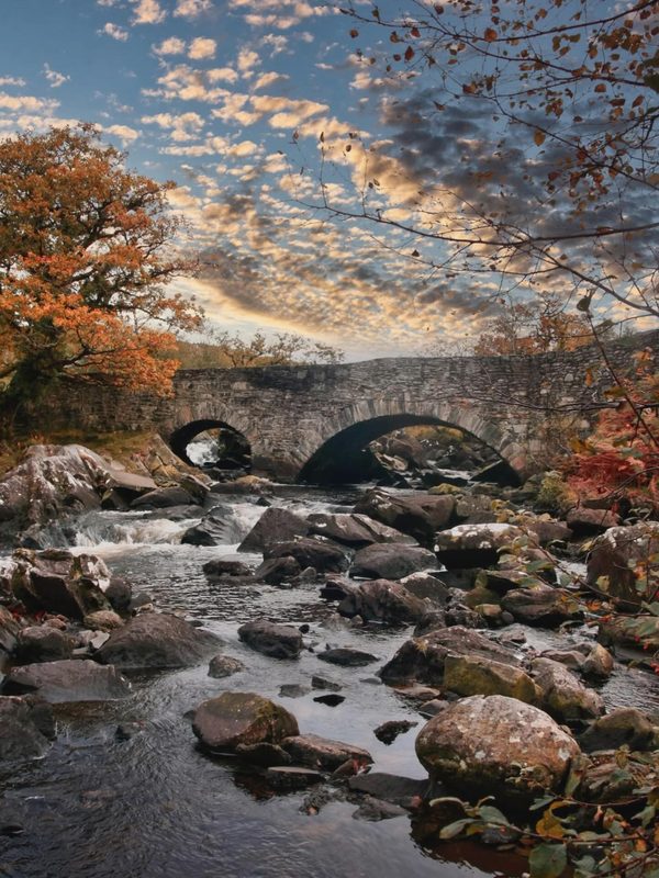 An old stone bridge over a quiet river in County Cork, moss and ivy softening its arches.