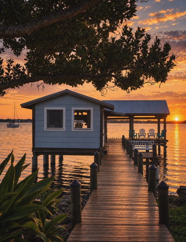 Golden sunset light stretching across a wide river, an old boathouse at the water's edge in the last of the day.