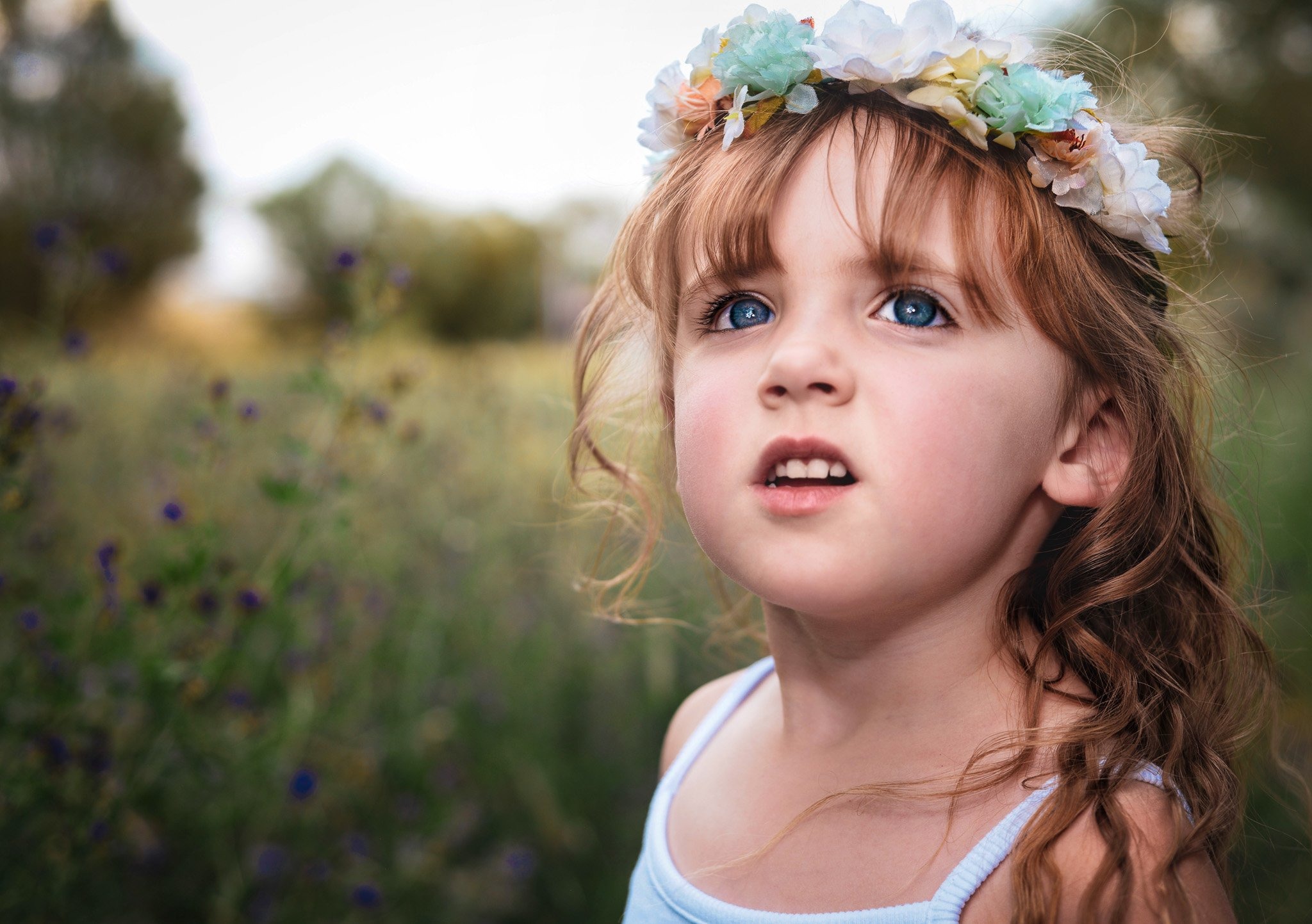 A young girl in a flowing gown wandering through wild flowers in warm golden light.
