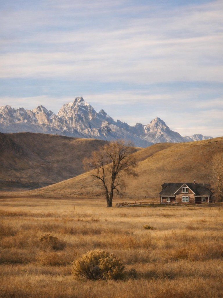 A lone tree and a small cabin in an open valley beneath the snow-covered Tetons in Jackson Hole, Wyoming.