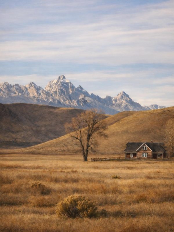 A lone tree and a small cabin in an open valley beneath the snow-covered Tetons in Jackson Hole, Wyoming.