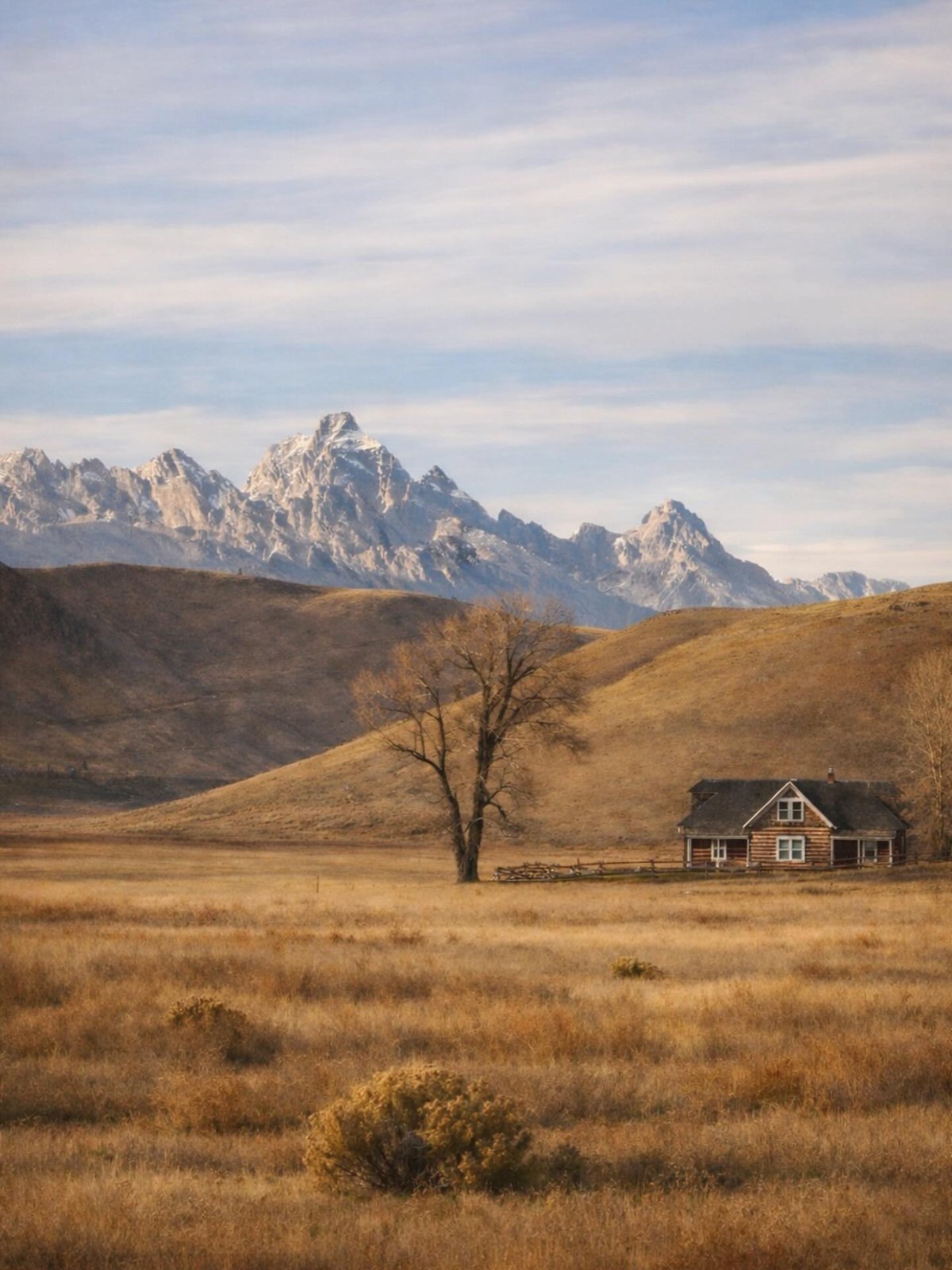 A lone tree and a small cabin in an open valley beneath the snow-covered Tetons in Jackson Hole, Wyoming.