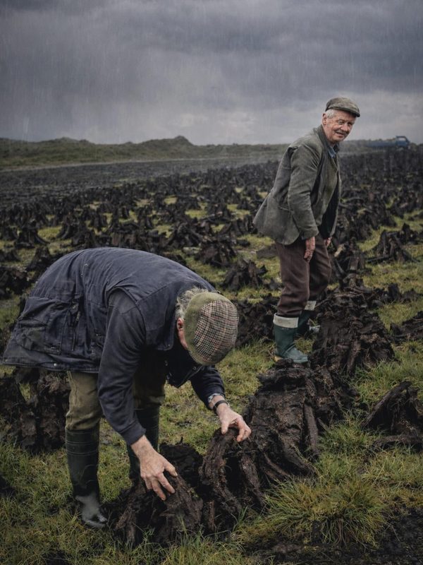 Two men cutting turf on a hillside bog under a glowering sky, an old Irish way of work disappearing with their generation.