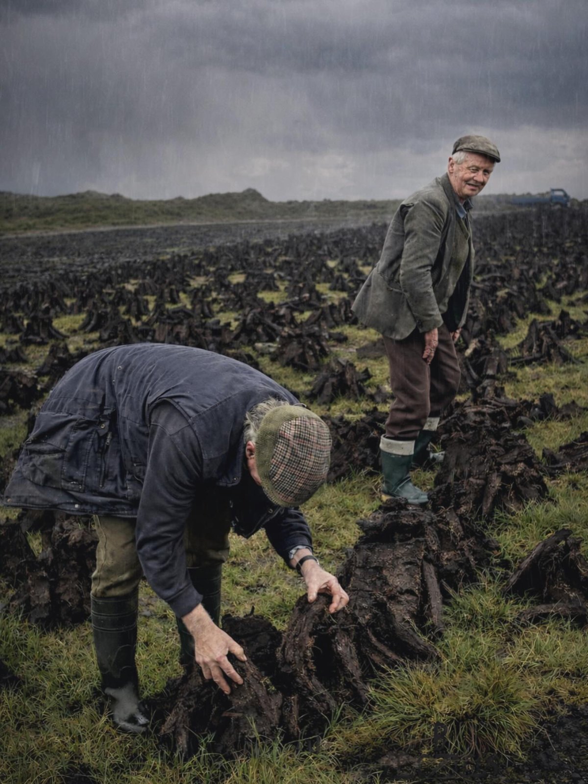 Two men cutting turf on a hillside bog under a glowering sky, an old Irish way of work disappearing with their generation.
